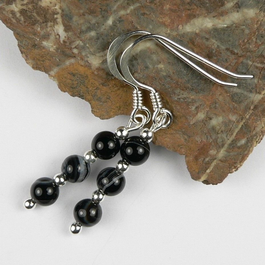 Sterling silver Black Sardonyx semi-precious stone drop earrings