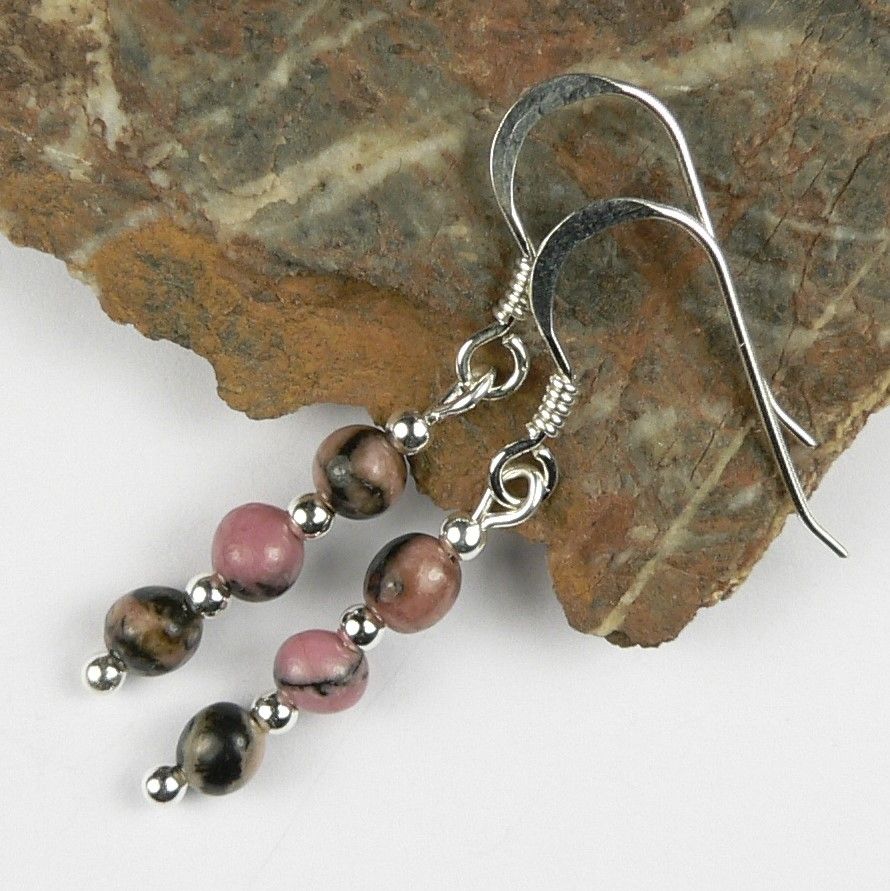 Sterling silver 4mm (+/-) Pink Black Veined Rhodonite semi-precious stone drop earrings, in a gift box