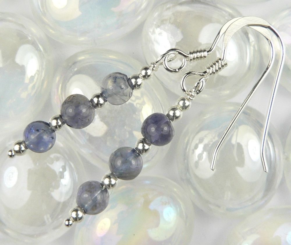 Sterling silver 4mm (+/-) Iolite semi-precious stone drop earrings, in a gift box