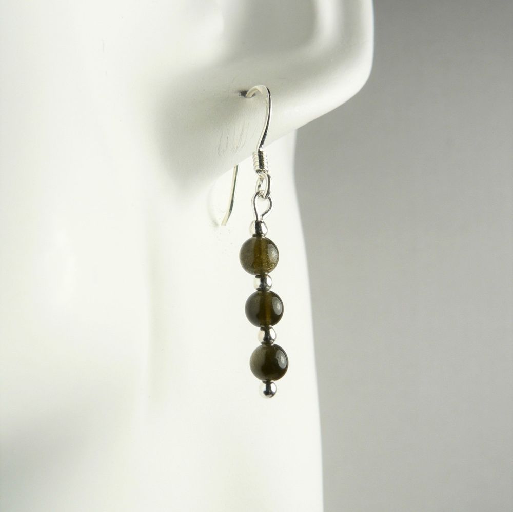 Sterling silver 4mm (+/-) Golden Obsidian semi-precious stone drop earrings, in a gift box