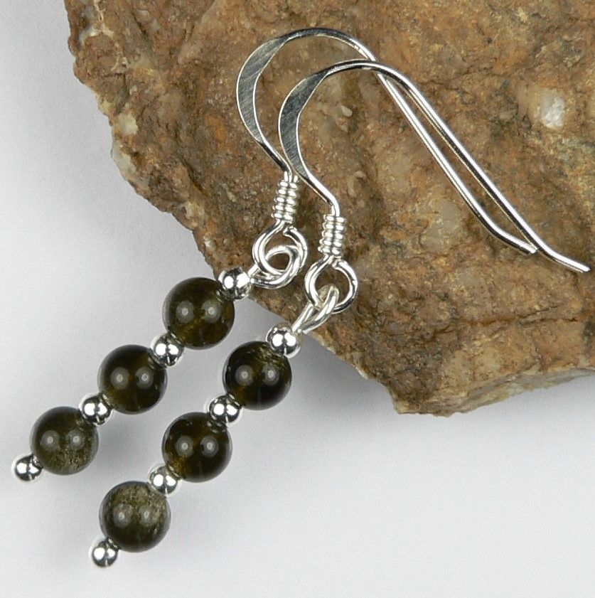 Sterling silver 4mm (+/-) Golden Obsidian semi-precious stone drop earrings, in a gift box