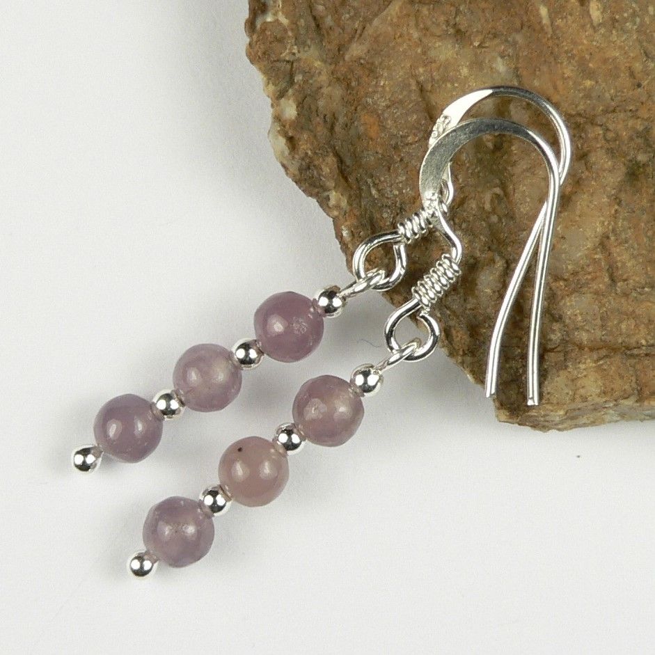 Sterling silver 4mm (+/-) Plum Jade semi-precious stone drop earrings, in a gift box