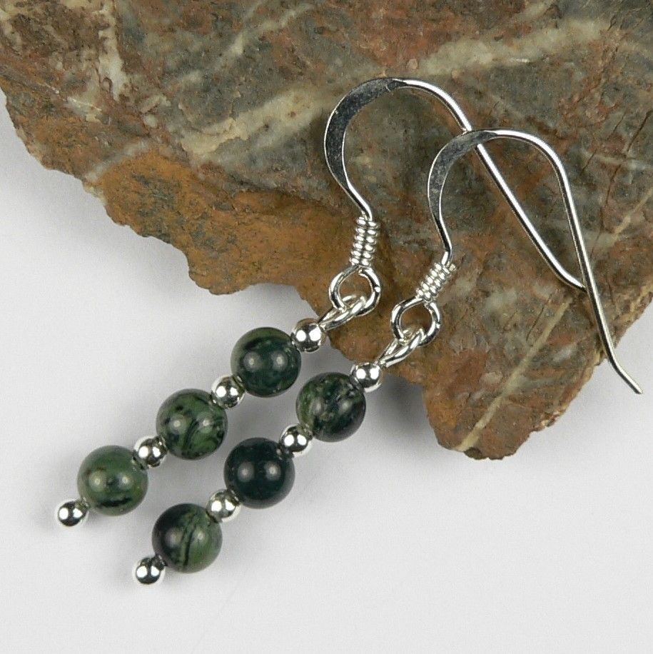 Sterling silver 4mm (+/-) Kambaba Jasper semi-precious stone drop earrings, in a gift box