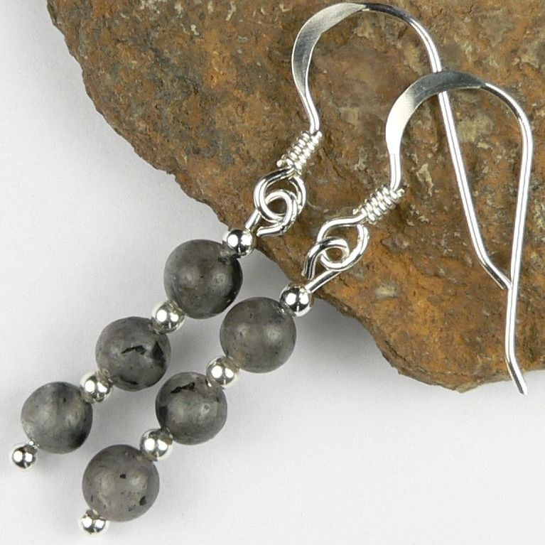 Sterling silver grey and black Larvikite semi-precious stone drop earrings