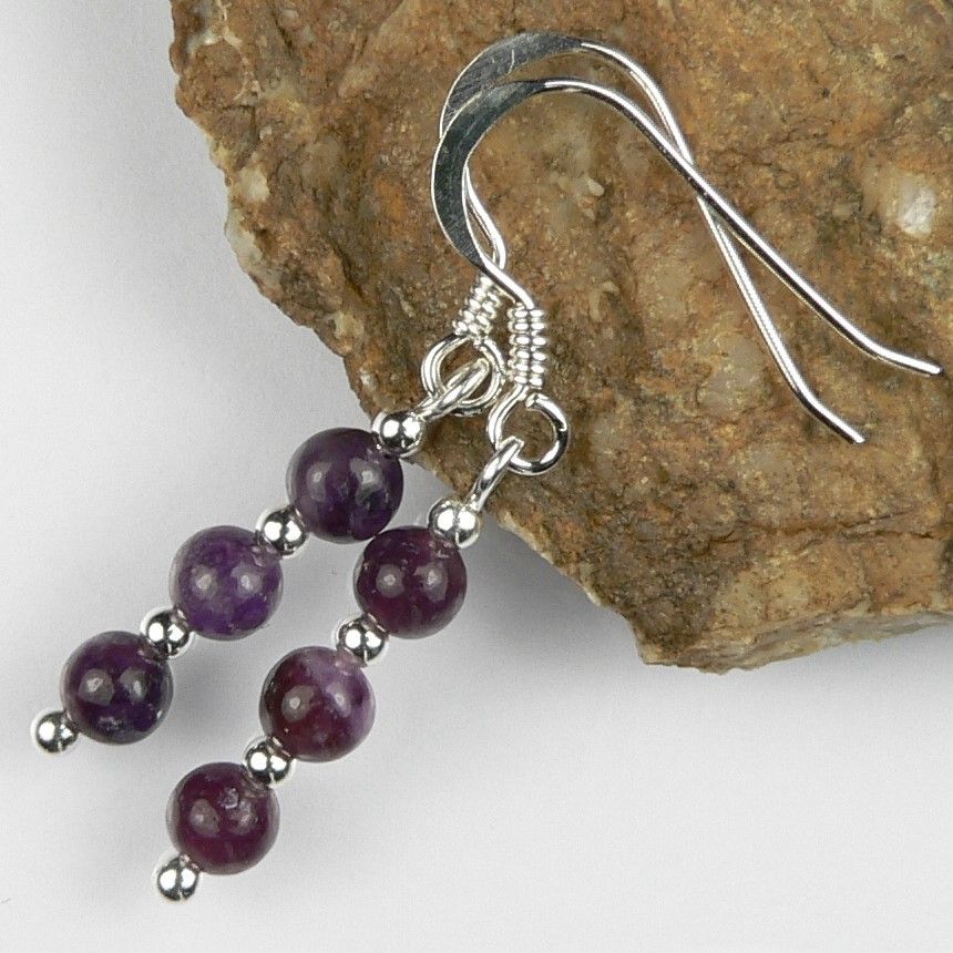 Sterling silver 4mm (+/-) Lepidolite semi-precious stone drop earrings, in a gift box