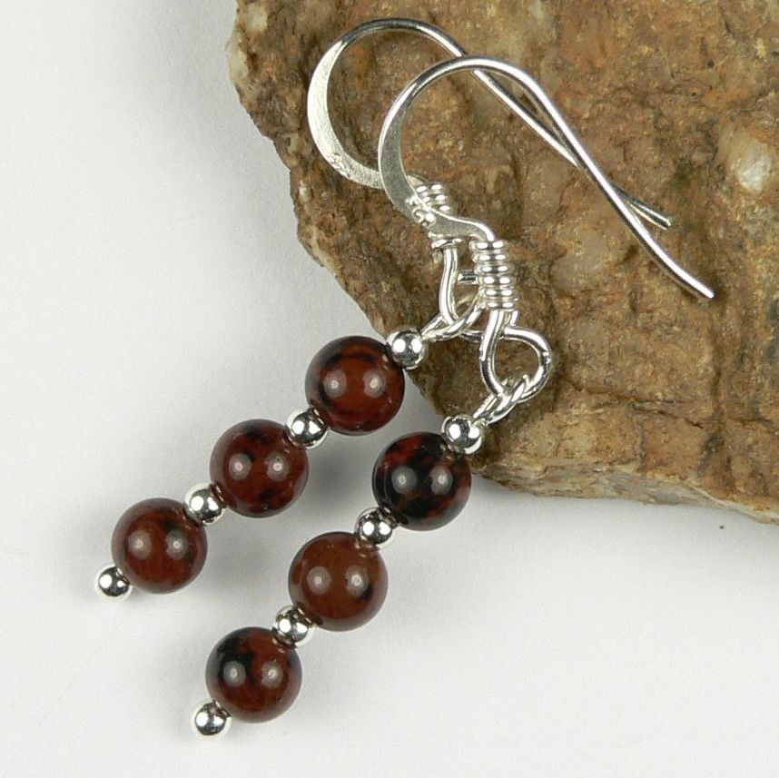 Sterling silver 4mm (+/-) Mahogany Obsidian semi-precious stone drop earrings, in a gift box