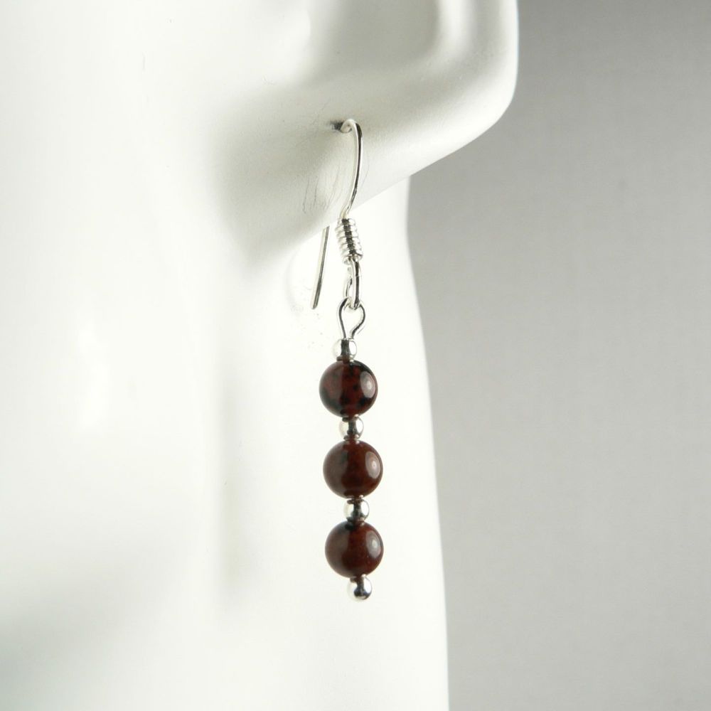 Sterling silver 4mm (+/-) Mahogany Obsidian semi-precious stone drop earrings, in a gift box