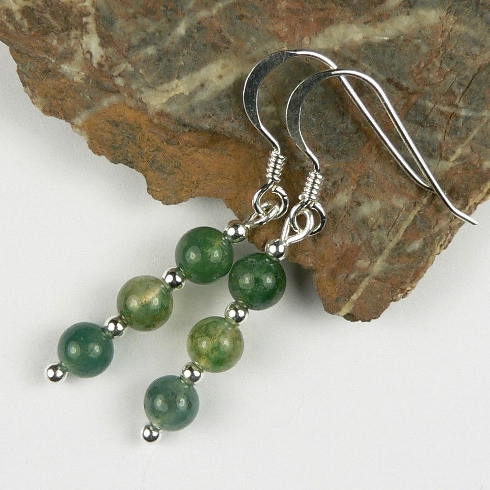 Sterling silver 4mm (+/-) Moss Agate semi-precious stone drop earrings, in a gift box