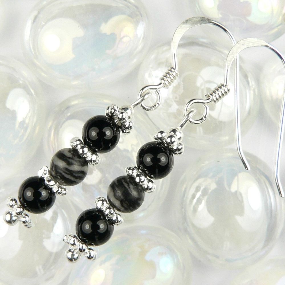 Sterling silver 4mm (+/-) Black Veined Jasper & Black Onyx semi-precious stone drop earrings, in a gift box