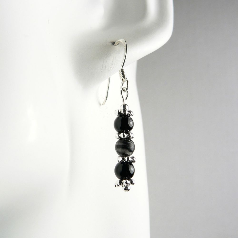 Sterling silver 4mm (+/-) Black Veined Jasper & Black Onyx semi-precious stone drop earrings, in a gift box