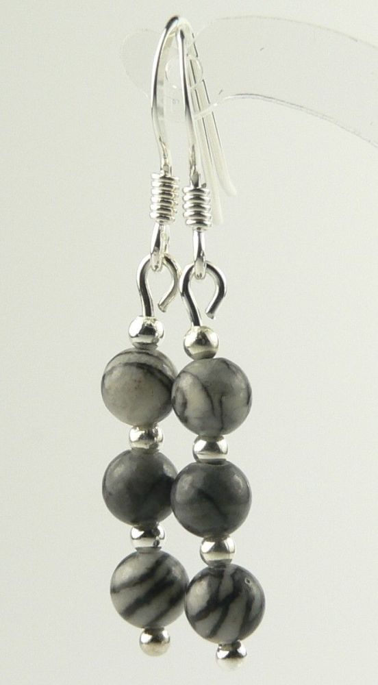 Sterling silver 4mm (+/-) Black Veined Jasper semi-precious stone drop earrings, in a gift box