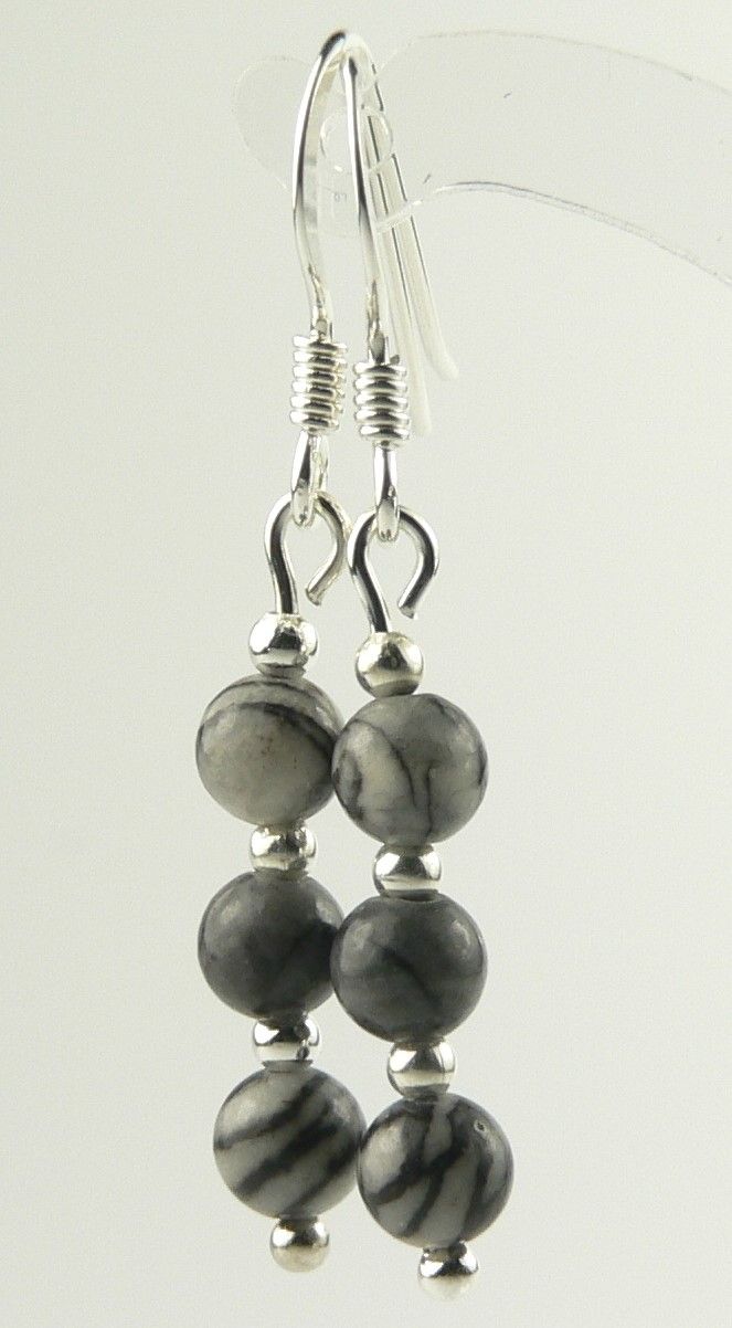 Sterling silver Black Veined Jasper semi-precious stone earrings