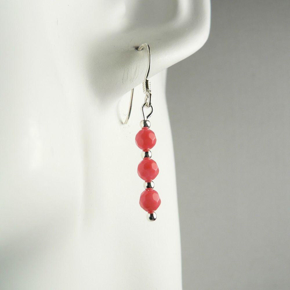 Sterling silver 4mm (+/-) faceted pink/peach Coral (farmed/coloured) semi-precious stone drop earrings, in a gift box