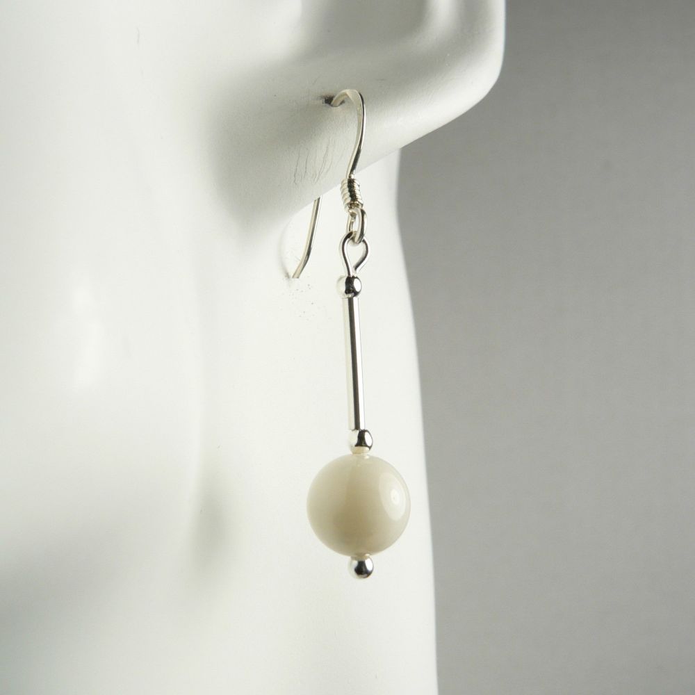 Sterling silver 7mm (+/-) White Coral (farmed) semi-precious stone drop earrings, in a gift box (L)