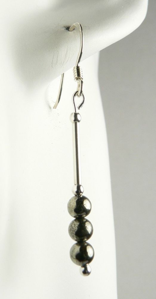 Sterling silver 4mm (+/-) Pyrite semi-precious stone drop earrings, in a gift box (L)