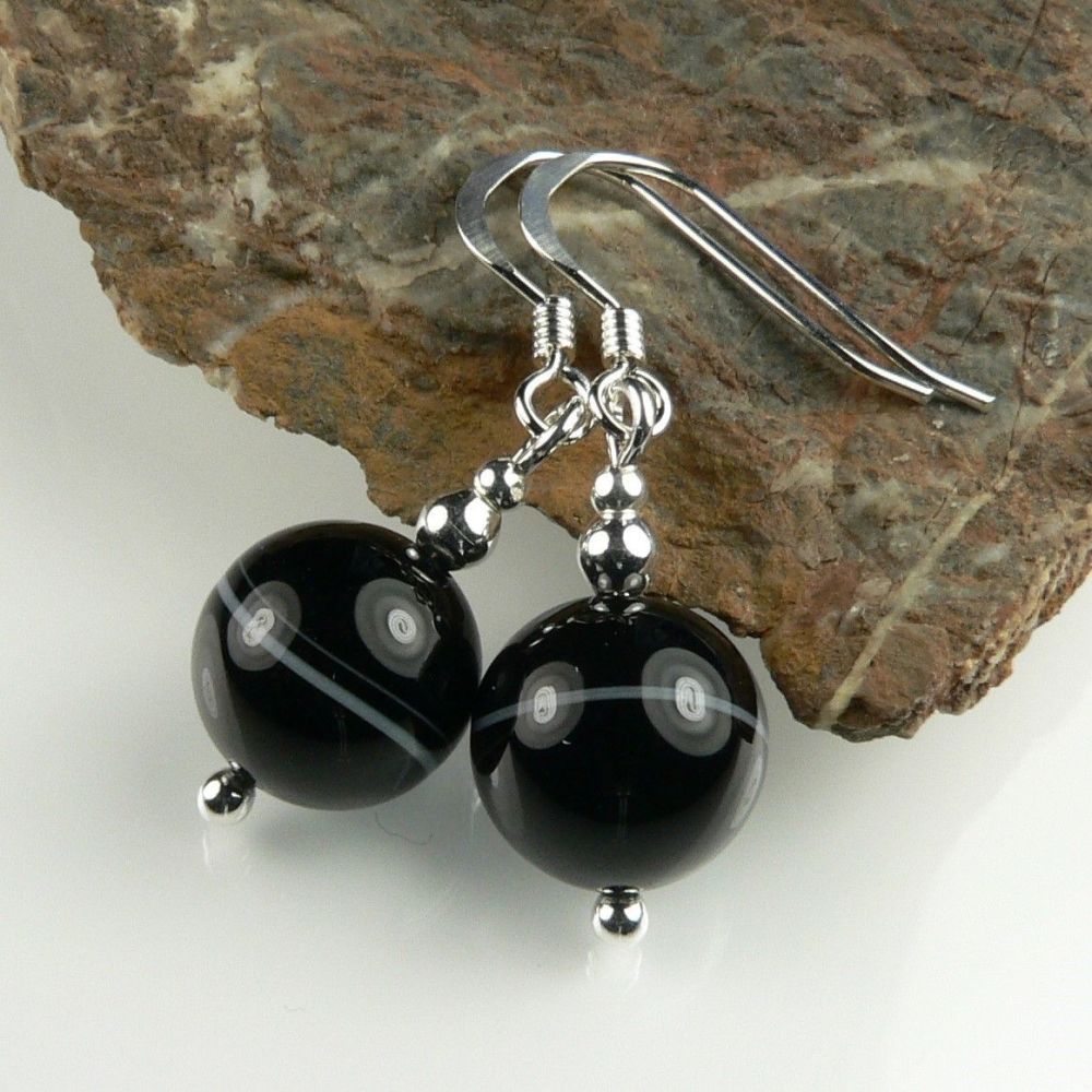 Sterling silver 10mm (+/-) Banded Agate semi-precious stone drop earrings, in a gift box