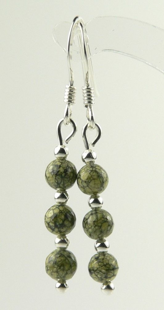 Sterling silver 4mm (+/-) Russian Serpentine semi-precious stone drop earrings, in a gift box