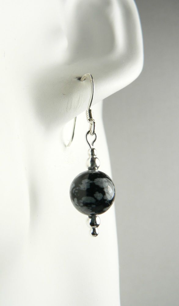 Sterling silver 8mm (+/-) Snowflake Obsidian semi-precious stone drop earrings, in a gift box