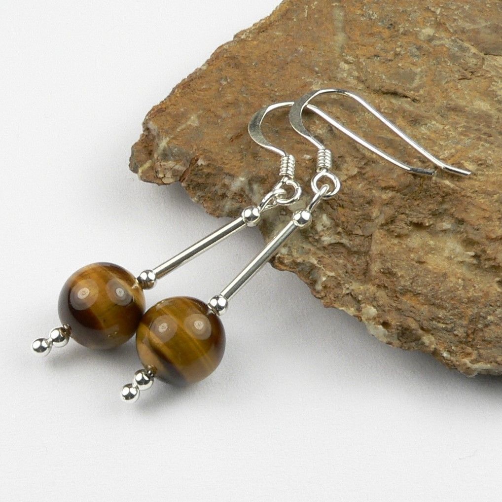 Sterling silver brown caramel Tigers Eye semi-precious stone drop earrings