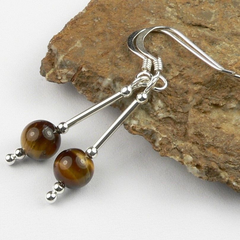 Sterling silver brown caramel Tigers Eye semi-precious stone drop earrings