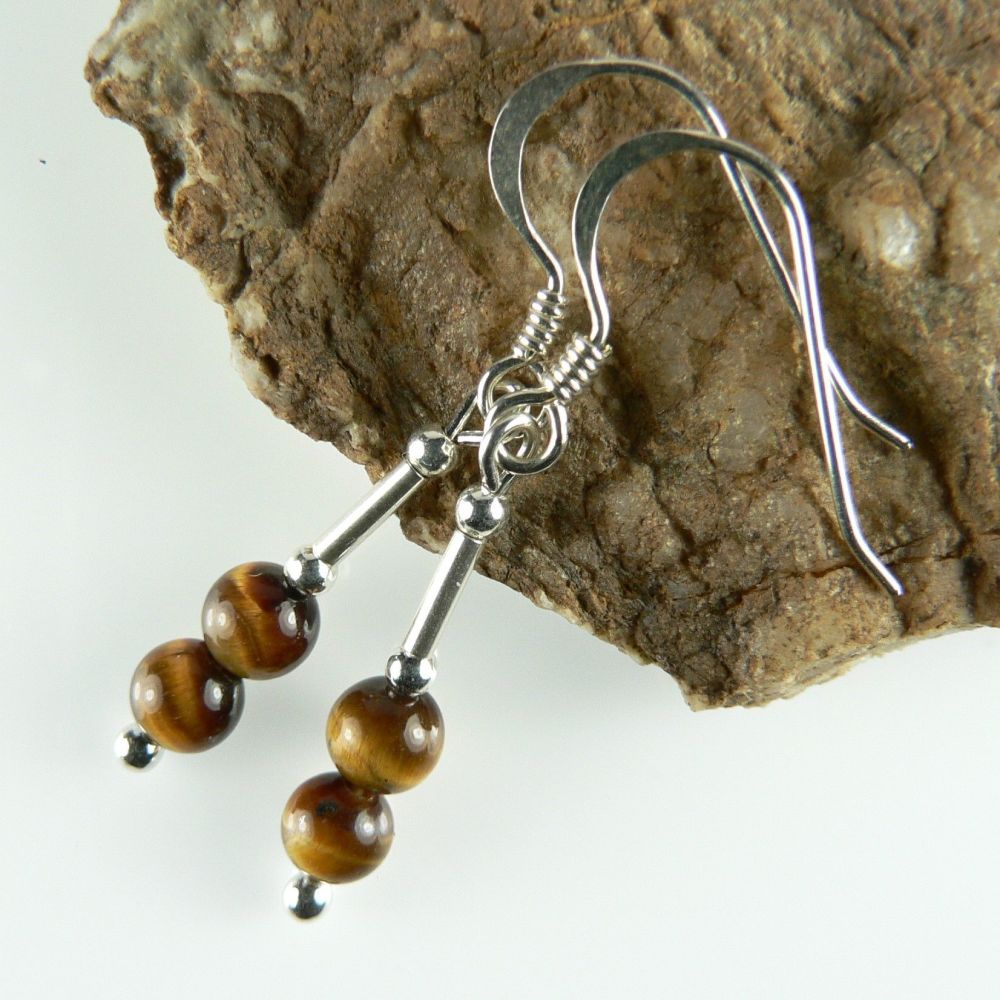 Sterling silver 4mm (+/-) Tigers Eye semi-precious stone drop earrings, in a gift box (M)