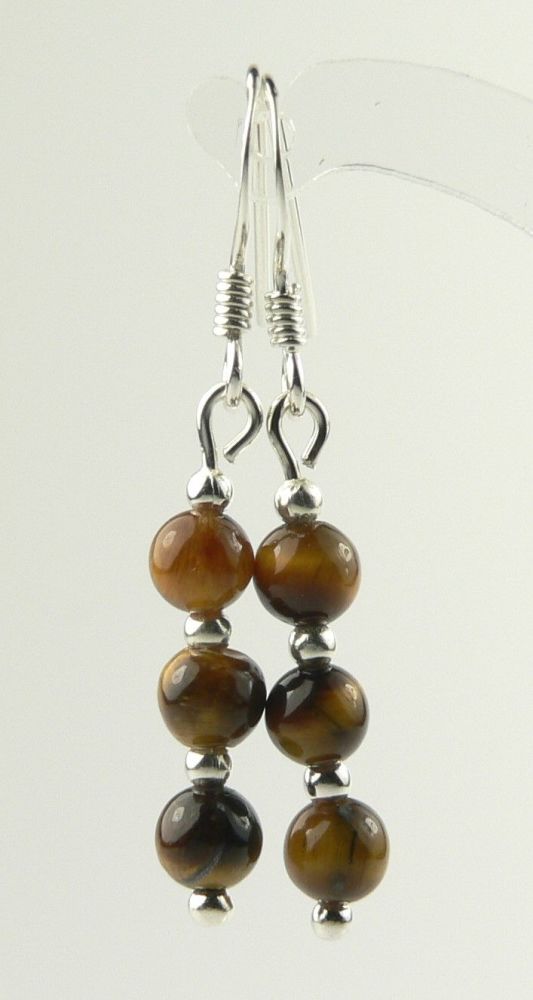 Sterling silver 4mm (+/-) Tigers Eye semi-precious stone drop earrings, in a gift box