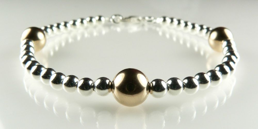 Sterling silver & 14K gold filled bead bracelet with lobster clasp, in a gift box (8mm & 4mm)