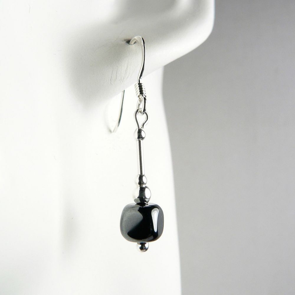 Sterling silver dice dark grey Hematite semi-precious stone earrings