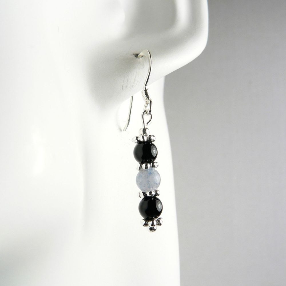 Sterling silver 4mm (+/-) Blue Aventurine & Black Onyx semi-precious stone drop earrings, in a gift box