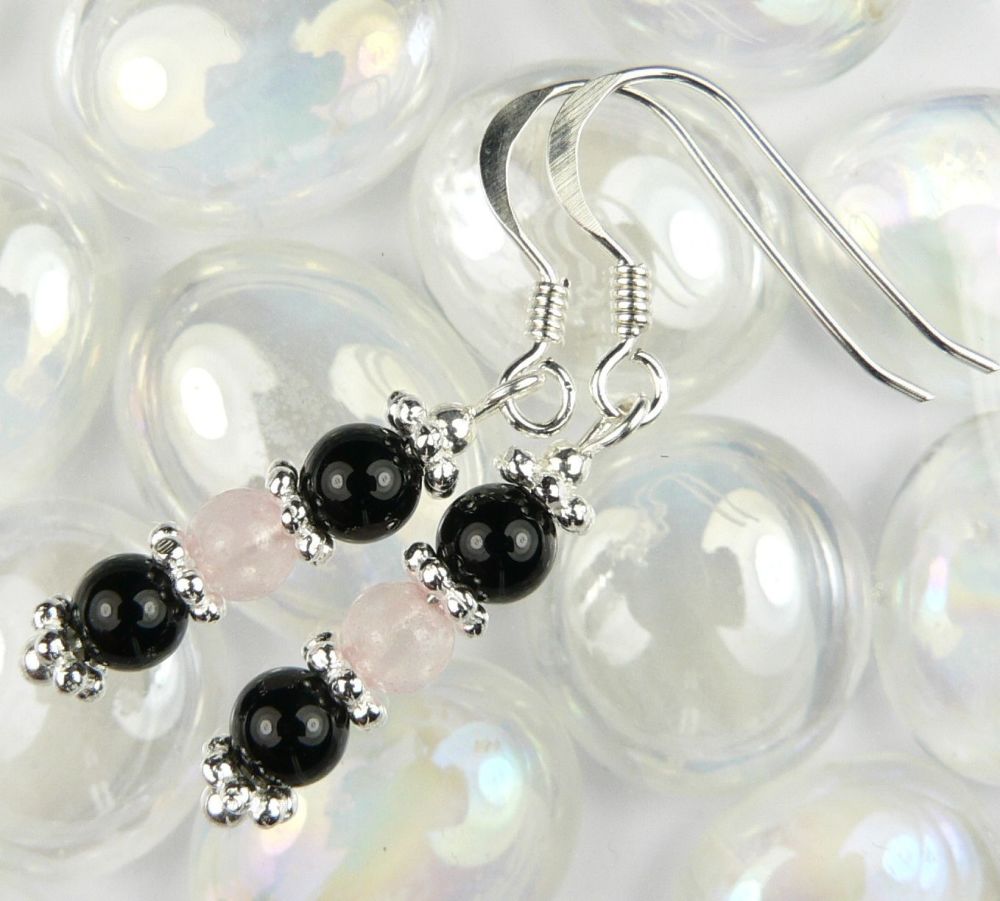 Sterling silver pale pink Rose Quartz & Black Onyx earrings