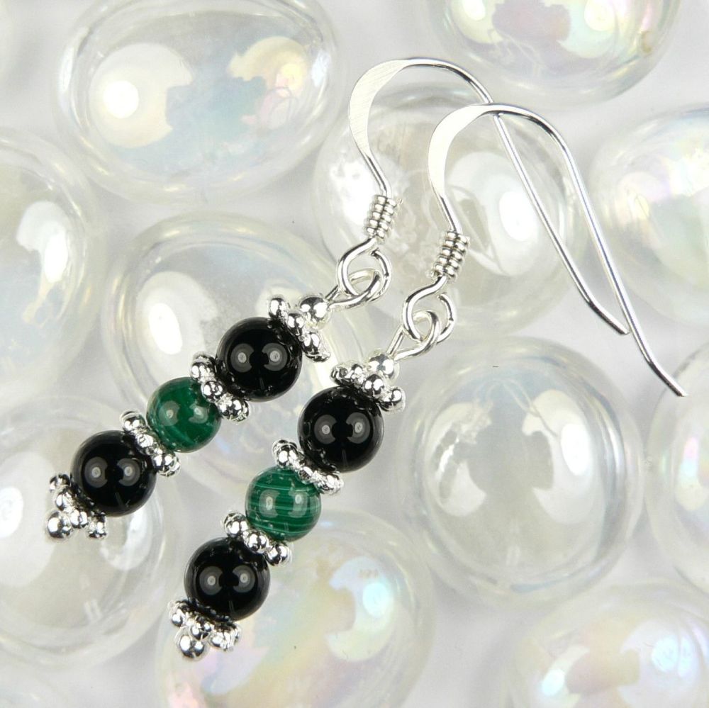 Sterling silver 4mm (+/-) green Malachite & Black Onyx semi-precious stone drop earrings, in a gift box