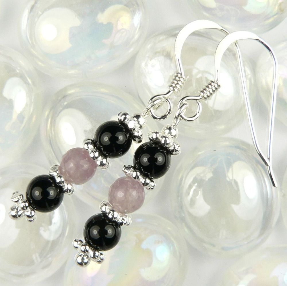 Sterling silver purple-ish Plum Jade & Black Onyx semi-precious earrings