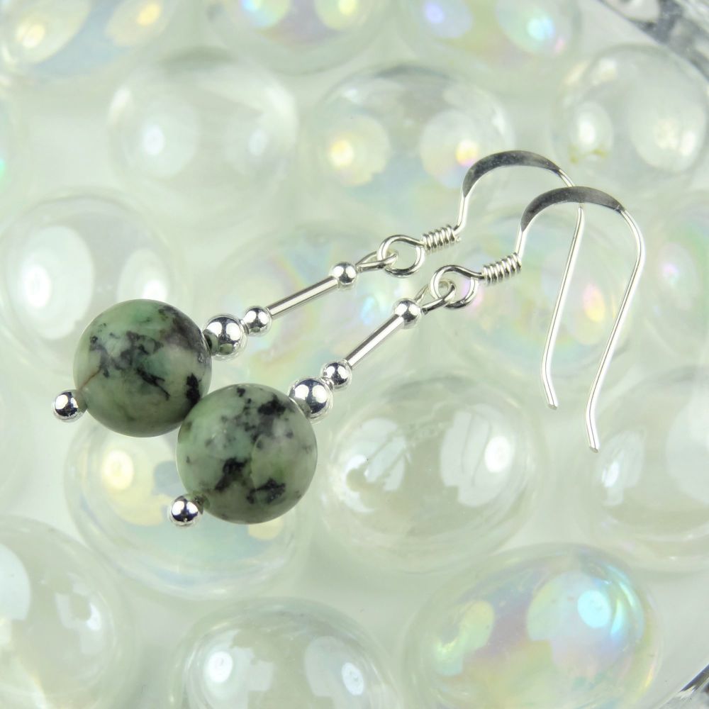 Sterling silver green speckled African Turquoise semi-precious stone earrin