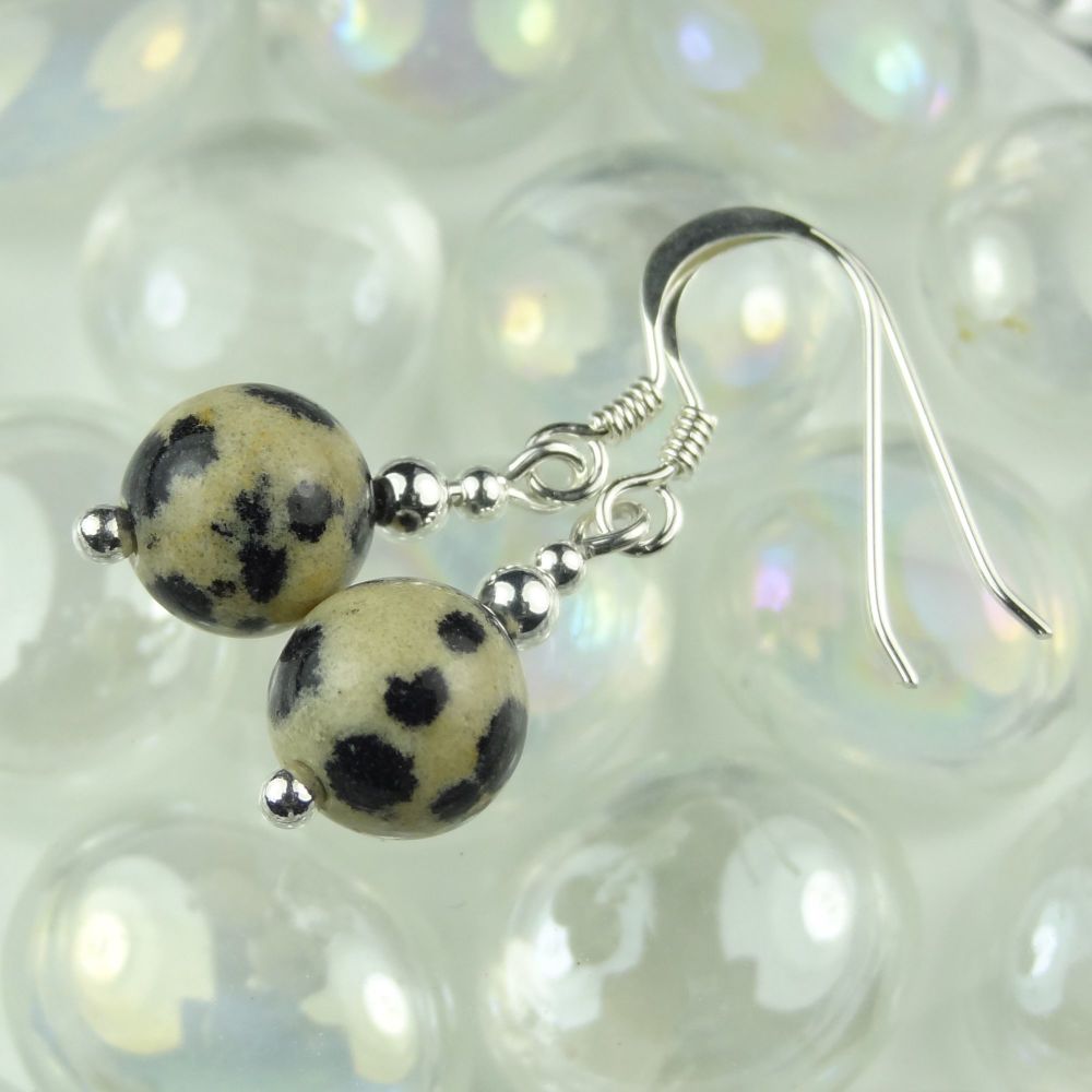 Sterling silver 8mm (+/-) Dalmatian Jasper semi-precious stone drop earrings, in a gift box