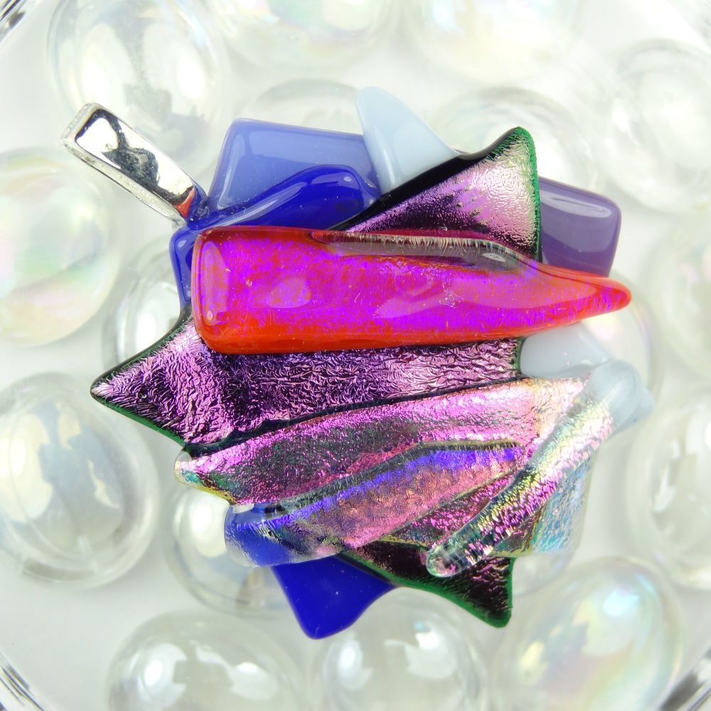 4.9cm textured purple/pink dichroic glass pendant, with leather cord & gift box (#30454)