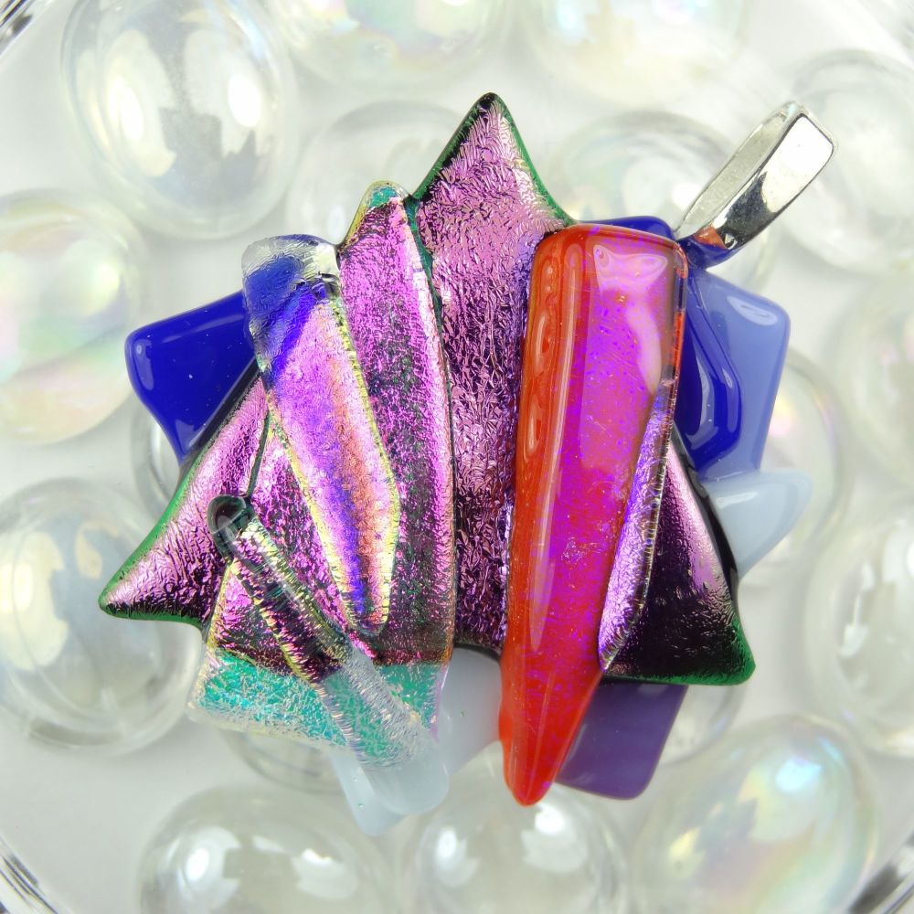 4.9cm textured purple/pink dichroic glass pendant, with leather cord & gift box (#30454)