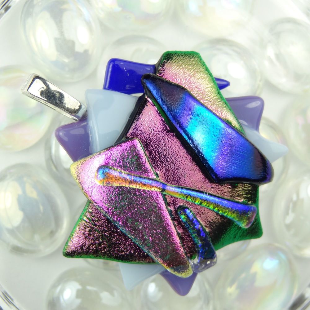 4.8cm textured purple/pink/blue dichroic glass pendant, with leather cord