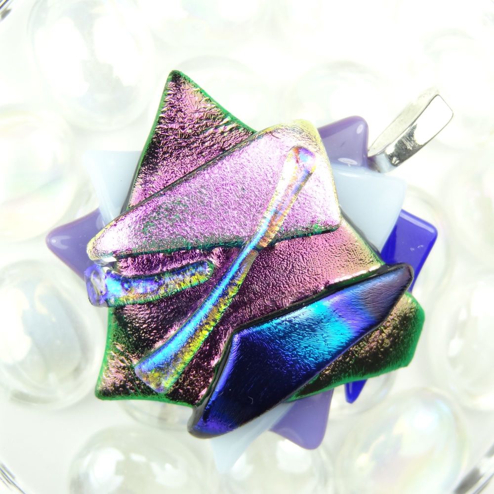 4.8cm textured purple/pink/blue dichroic glass pendant, with leather cord & gift box (#30203)