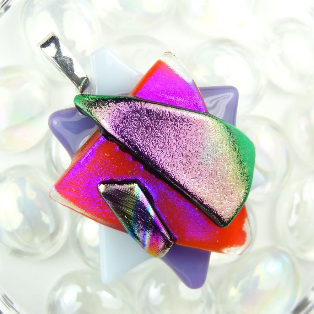 4.9cm textured purple/pink dichroic glass pendant, with leather cord & gift box (#30277)