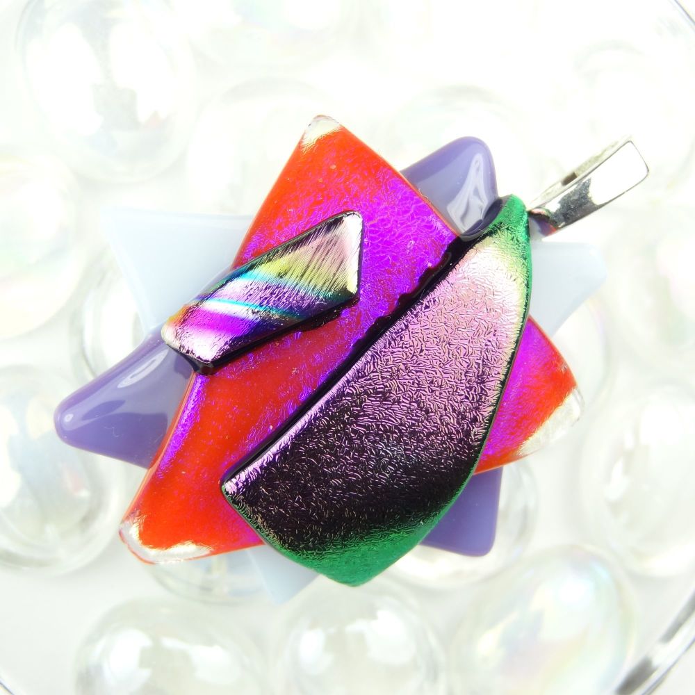 4.9cm textured purple/pink dichroic glass pendant, with leather cord & gift box (#30277)