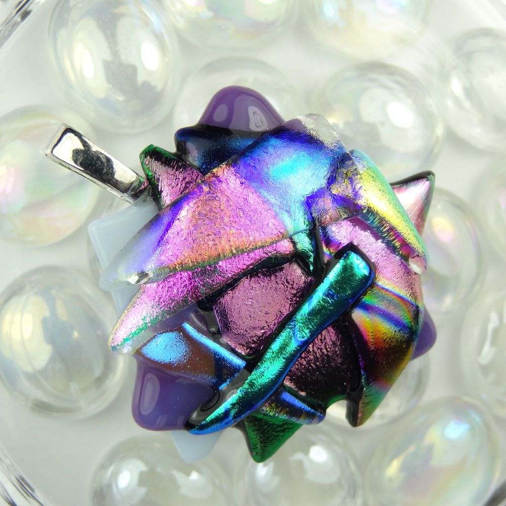 4.5cm textured purple/pink/green dichroic glass pendant, with leather cord & gift box (#30158)