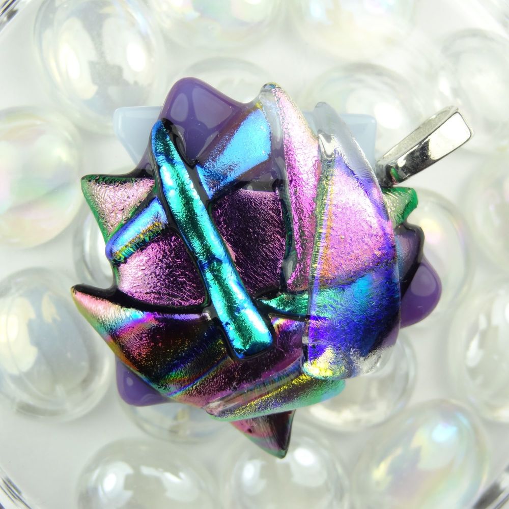 4.5cm textured purple/pink/green dichroic glass pendant, with leather cord & gift box (#30158)