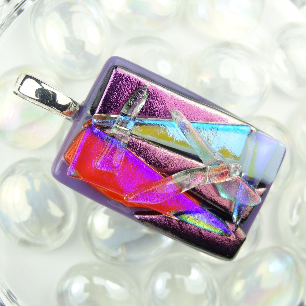 4.7cm textured purple/pink dichroic glass pendant, with leather cord & gift box (#30037)