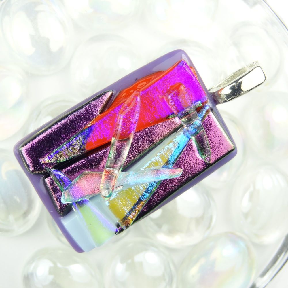 4.7cm textured purple/pink dichroic glass pendant, with leather cord & gift box (#30037)