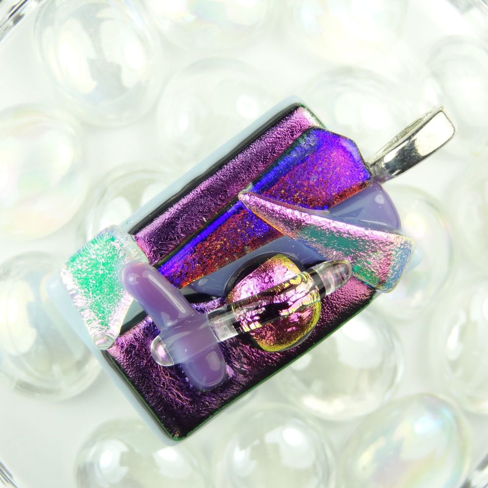 4.6cm textured purple/pink dichroic glass pendant, with leather cord & gift box (#30320)