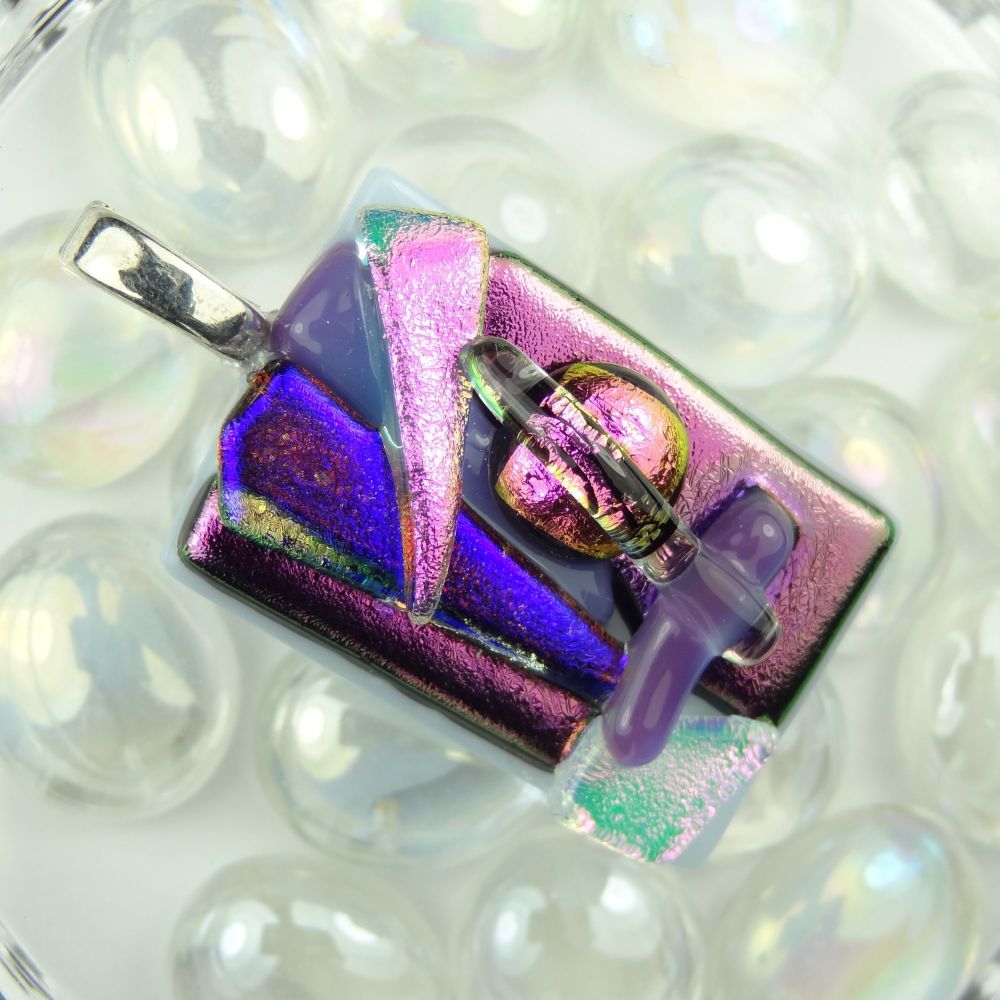 4.6cm textured purple/pink dichroic glass pendant, with leather cord & gift box (#30320)