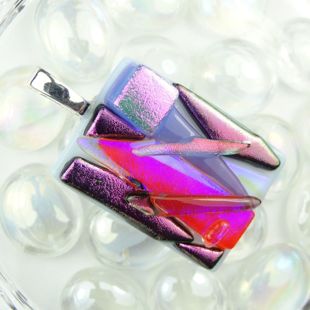 4.4cm textured purple/pink dichroic glass pendant, with leather cord 