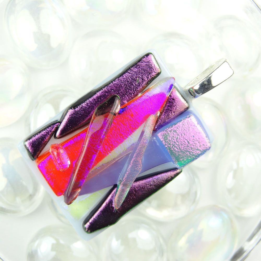 4.4cm textured purple/pink dichroic glass pendant, with leather cord & gift box (#30245)