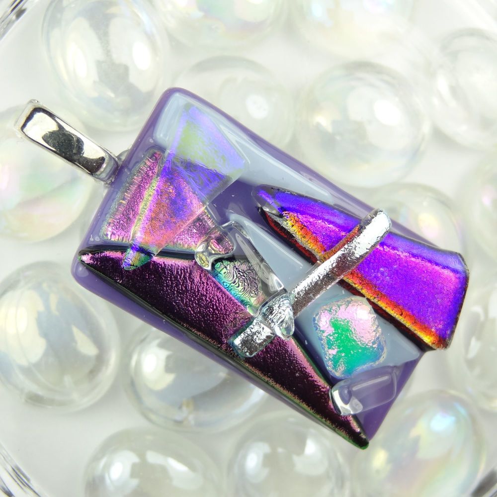 5cm textured purple/pink dichroic glass pendant, with leather cord