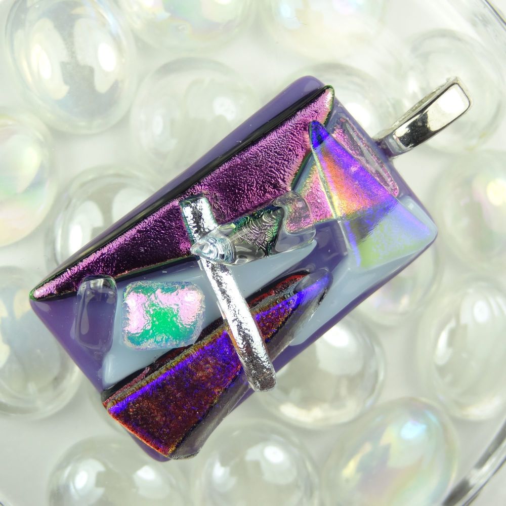 5cm textured purple/pink dichroic glass pendant, with leather cord & gift box (#30411)